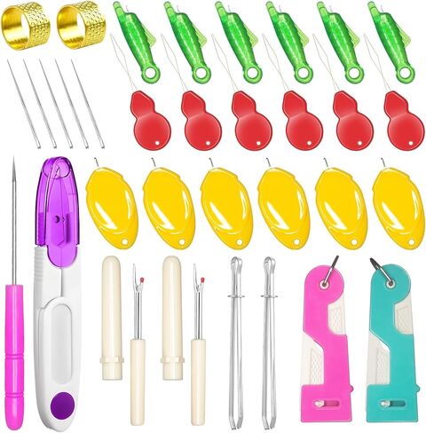 Lechchy 36 Pcs Sewing Tool, 2 Big+ 2 Small Seam Rippers, 20 Needle Threaders, 1 Small Sewing Scissors, 1 Thread Snips, 2 Drawstring Threaders, 1 Soft Tape Measure, 1 Awl Tool, 1 Thimble, and 5 Needles in Kuwait