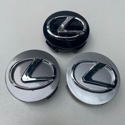 4 قطع من ملصقات غطاء إطار السيارة مقاس 62 مم مع شعارات العجلات، مادة ABS (مناسبة لمركبات Lexus RX/is/ES/GS ES300 ES350 LS43 0)، ملصق فضي على خلفية سوداء مع حافة فضية in Saudi Arabia