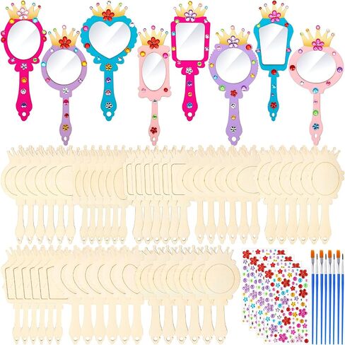 24 Pack Wooden Mirror Craft for Girls DIY Decorate You Own Princess Wooden Hand Small Mirrors for Crafts Paint Princess Party Decorations Birthday Supplies Favors in Kuwait