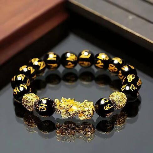 Feng Shui Bracelet Good Luck 24k Gold Plated, Obsidian Wealth Bracelet Dragon Protection, Mantra Prayer Beads Bracelets Can Bring, Wealth and Health for Men Women in Saudi Arabia