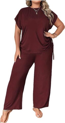 Plus Size 2 Piece Lounge Sets for Women Sweatsuit Loose Ribbed Short Sleeve Tops Wide Leg Pants Pajama Sets in Saudi Arabia