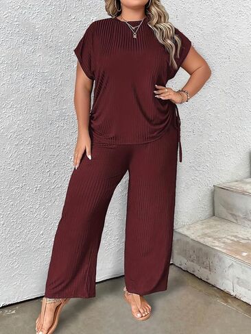 Plus Size 2 Piece Lounge Sets for Women Sweatsuit Loose Ribbed Short Sleeve Tops Wide Leg Pants Pajama Sets in Saudi Arabia