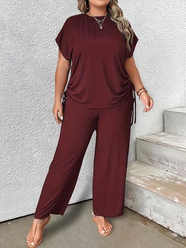 Plus Size 2 Piece Lounge Sets for Women Sweatsuit Loose Ribbed Short Sleeve Tops Wide Leg Pants Pajama Sets in Saudi Arabia