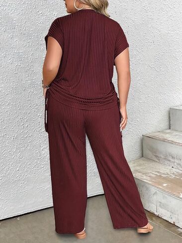 Plus Size 2 Piece Lounge Sets for Women Sweatsuit Loose Ribbed Short Sleeve Tops Wide Leg Pants Pajama Sets in Saudi Arabia