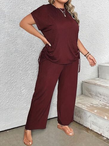 Plus Size 2 Piece Lounge Sets for Women Sweatsuit Loose Ribbed Short Sleeve Tops Wide Leg Pants Pajama Sets in Saudi Arabia