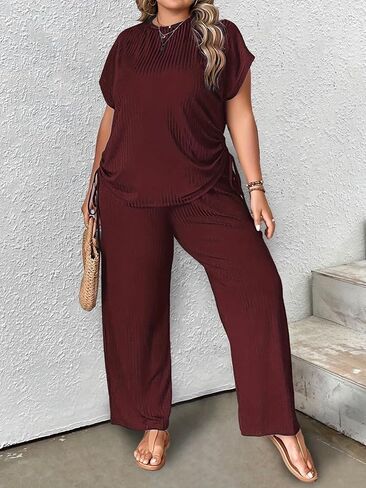 Plus Size 2 Piece Lounge Sets for Women Sweatsuit Loose Ribbed Short Sleeve Tops Wide Leg Pants Pajama Sets in Saudi Arabia