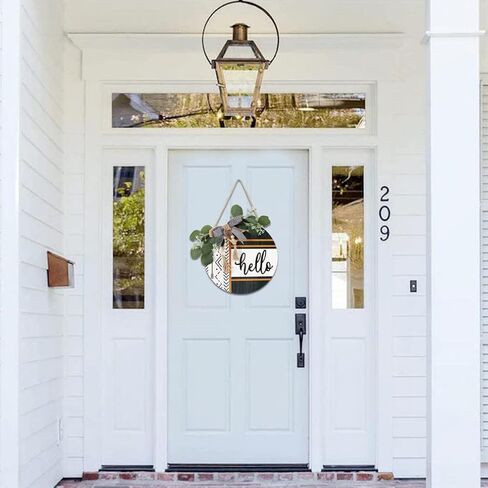 CHDITB Boho 3D Hello Front Door Wreath Sign(12"x12"), Farmhouse Front Door Porch Decor with Eucalyptus Leaves Plaid Bow Bead, Rustic All Seasons Door Hanger Decoration Hanging for Office Home in Kuwait
