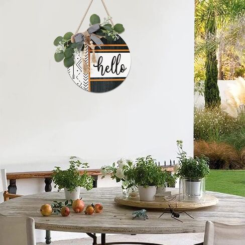 CHDITB Boho 3D Hello Front Door Wreath Sign(12"x12"), Farmhouse Front Door Porch Decor with Eucalyptus Leaves Plaid Bow Bead, Rustic All Seasons Door Hanger Decoration Hanging for Office Home in Kuwait