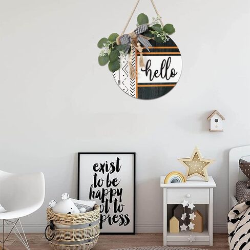 CHDITB Boho 3D Hello Front Door Wreath Sign(12"x12"), Farmhouse Front Door Porch Decor with Eucalyptus Leaves Plaid Bow Bead, Rustic All Seasons Door Hanger Decoration Hanging for Office Home in Kuwait