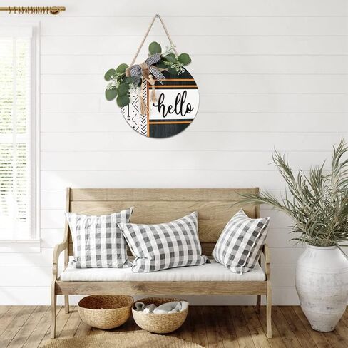 CHDITB Boho 3D Hello Front Door Wreath Sign(12"x12"), Farmhouse Front Door Porch Decor with Eucalyptus Leaves Plaid Bow Bead, Rustic All Seasons Door Hanger Decoration Hanging for Office Home in Kuwait