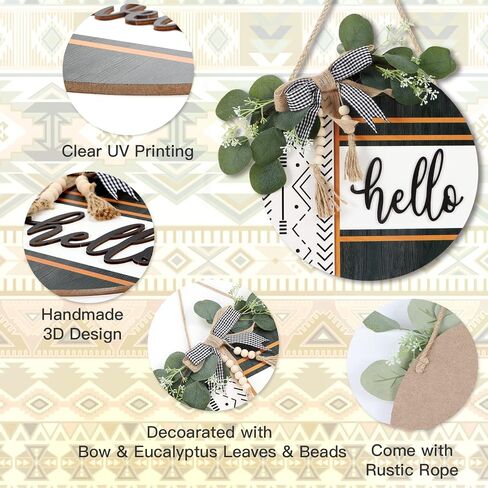CHDITB Boho 3D Hello Front Door Wreath Sign(12"x12"), Farmhouse Front Door Porch Decor with Eucalyptus Leaves Plaid Bow Bead, Rustic All Seasons Door Hanger Decoration Hanging for Office Home in Kuwait