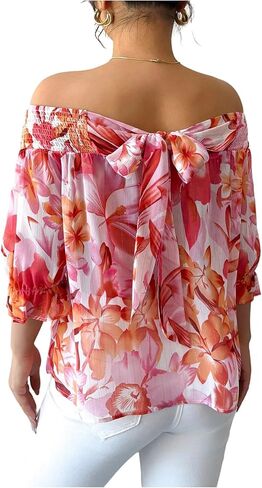 GORGLITTER Women's Floral Off The Shoulder Blouses Top Tie Back Flounce 3/4 Sleeve Boho Going Out Shirt in Saudi Arabia