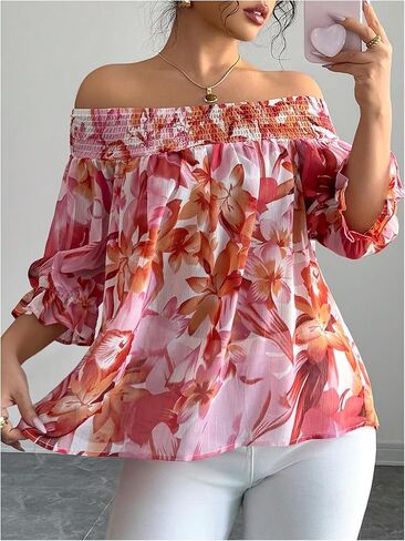 GORGLITTER Women's Floral Off The Shoulder Blouses Top Tie Back Flounce 3/4 Sleeve Boho Going Out Shirt in Saudi Arabia