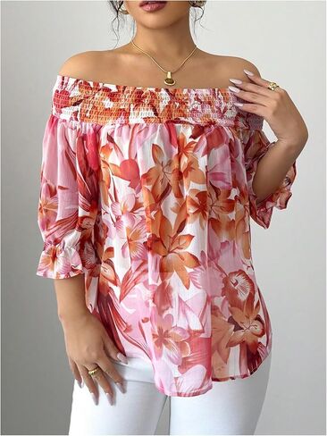 GORGLITTER Women's Floral Off The Shoulder Blouses Top Tie Back Flounce 3/4 Sleeve Boho Going Out Shirt in Saudi Arabia