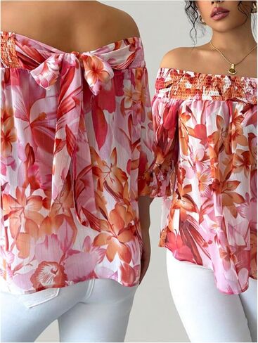 GORGLITTER Women's Floral Off The Shoulder Blouses Top Tie Back Flounce 3/4 Sleeve Boho Going Out Shirt in Saudi Arabia
