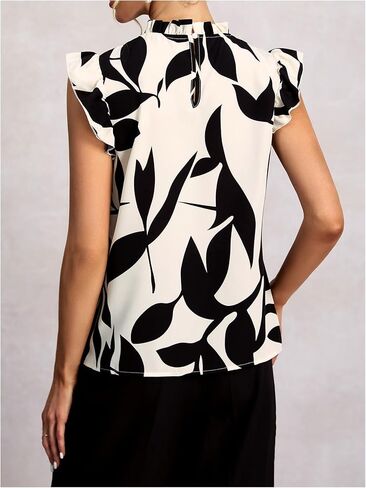 Women's Floral Print Blouse Mock Neck Ruffle Cap Sleeve Work Office Shirts in Saudi Arabia