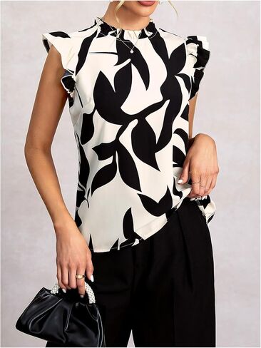 Women's Floral Print Blouse Mock Neck Ruffle Cap Sleeve Work Office Shirts in Saudi Arabia