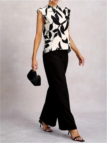 Women's Floral Print Blouse Mock Neck Ruffle Cap Sleeve Work Office Shirts in Saudi Arabia