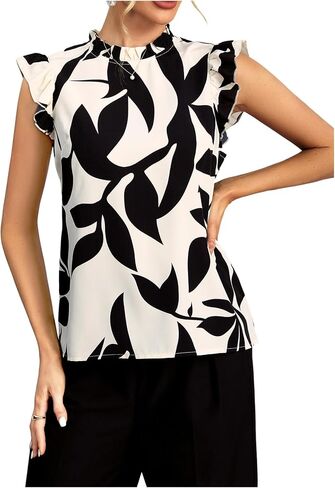 Women's Floral Print Blouse Mock Neck Ruffle Cap Sleeve Work Office Shirts in Saudi Arabia
