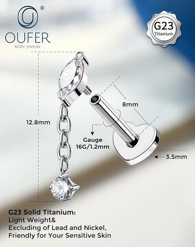 G23 Titanium Helix Piercing Jewelry 16G Dangle CZ Cartilage Earring Studs Internally Thread Labret Jewelry Flat Back Surgical Steel Helix Tragus Conch Earring for Women in Kuwait