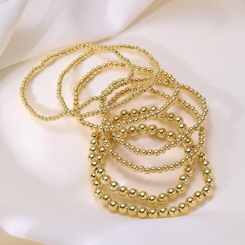 7pcs Simple Stackable Gold Beaded Bracelets - Elegant Stretch Gold Bracelets for Women, Gold Bead Bracelet Set, Neutral Casual Vacation Date Daily Wear Accessories in Saudi Arabia
