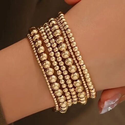 7pcs Simple Stackable Gold Beaded Bracelets - Elegant Stretch Gold Bracelets for Women, Gold Bead Bracelet Set, Neutral Casual Vacation Date Daily Wear Accessories in Saudi Arabia