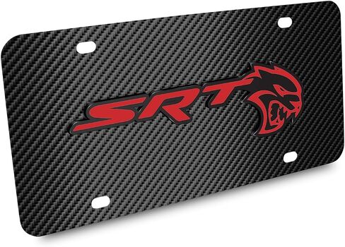 for Dodge SRT Hellcat in Red 3D Logo Black Carbon Fiber Patten Steel License Plate for Decorative in Saudi Arabia