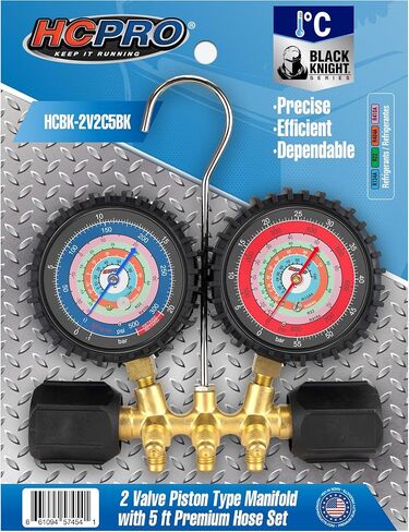 HCPRO HC2V2C5BK 2 صمام مكبس نوع مشعب نحاسي W/ 80 مم (3-1/8) مقاييس R410، R22، R134a، R404A، مجموعة خرطوم ممتازة 5FT Black Knight Series ° C/PSI in Kuwait