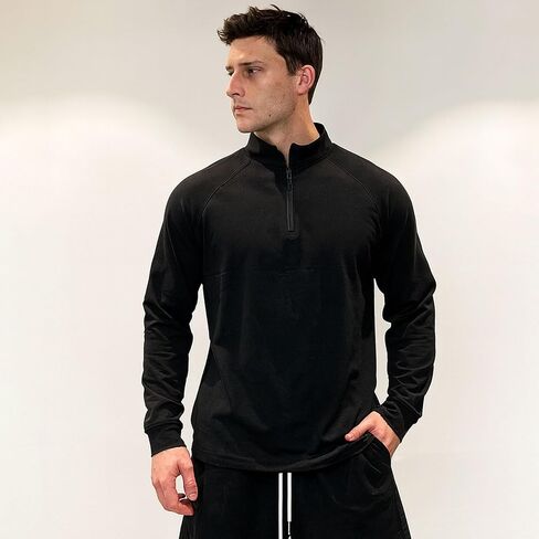 Mens Athletic Shirts - Loose Stretch Long Sleeve Workout Sun Shirt, Half-Zip for Running & Basketball Black (L/XL/XXL) in Saudi Arabia