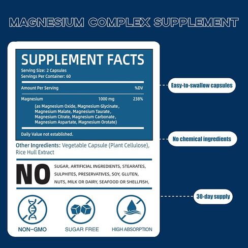 Magnesium Complex Supplement, Provided by 1000mg of Eight Different Forms of Magnesium，Easy Absorption for Bones, Muscle, Recovery, Energy, Vegan Non-GMO120 Capsules (1pcs) in Saudi Arabia