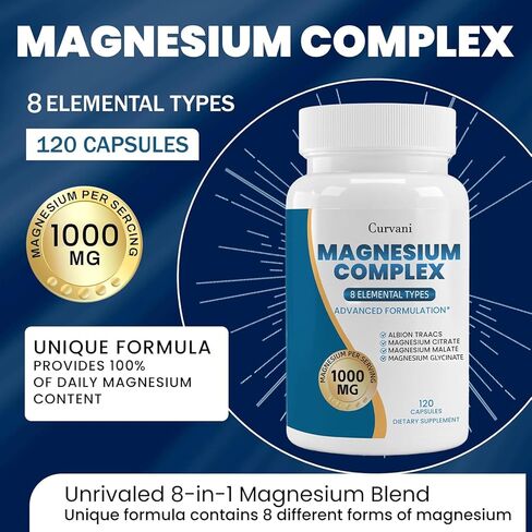 Magnesium Complex Supplement, Provided by 1000mg of Eight Different Forms of Magnesium，Easy Absorption for Bones, Muscle, Recovery, Energy, Vegan Non-GMO120 Capsules (1pcs) in Saudi Arabia