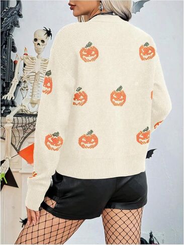OYOANGLE Women's Halloween Pumpkin Print Knitting Cardigan Long Sleeve Button Open Front Knitted Sweater Cardigan in Saudi Arabia