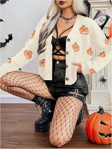 OYOANGLE Women's Halloween Pumpkin Print Knitting Cardigan Long Sleeve Button Open Front Knitted Sweater Cardigan in Saudi Arabia