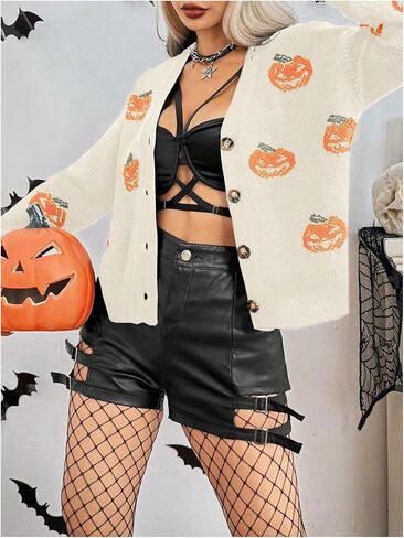 OYOANGLE Women's Halloween Pumpkin Print Knitting Cardigan Long Sleeve Button Open Front Knitted Sweater Cardigan in Saudi Arabia