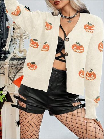 OYOANGLE Women's Halloween Pumpkin Print Knitting Cardigan Long Sleeve Button Open Front Knitted Sweater Cardigan in Saudi Arabia