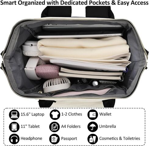 حقيبة ظهر للكمبيوتر المحمول مقاس 15.6 بوصة للنساء خفيفة الوزن، معتمدة من إدارة أمن المواصلات الأمريكية، حقيبة ظهر للكمبيوتر المحمول للسفر، العمل، الأعمال، الكلية، المشي لمسافات طويلة، بيج in Kuwait