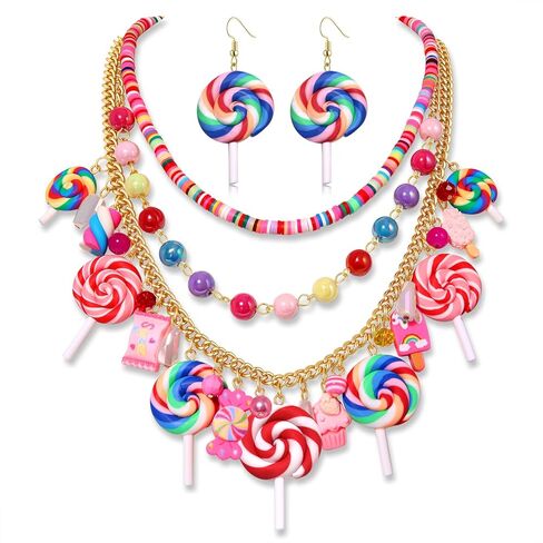 مصاصة كاندي الطبقات قلادة أقراط مجموعة الجدة مضحك حبات اللؤلؤ الملونة الحلو كاندي مصاصة الآيس كريم الحلوى قلادة المختنق القلائد استرخى أقراط عيد ميلاد عطلة حفلة مجوهرات هدية in Kuwait