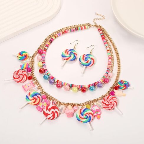 مصاصة كاندي الطبقات قلادة أقراط مجموعة الجدة مضحك حبات اللؤلؤ الملونة الحلو كاندي مصاصة الآيس كريم الحلوى قلادة المختنق القلائد استرخى أقراط عيد ميلاد عطلة حفلة مجوهرات هدية in Kuwait