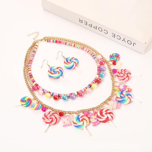 مصاصة كاندي الطبقات قلادة أقراط مجموعة الجدة مضحك حبات اللؤلؤ الملونة الحلو كاندي مصاصة الآيس كريم الحلوى قلادة المختنق القلائد استرخى أقراط عيد ميلاد عطلة حفلة مجوهرات هدية in Kuwait