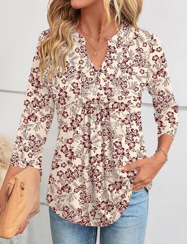 Micoson 3/4 كم طويل بلوزات نسائية موضة رقبة على شكل V بلوزات أنيقة غير رسمية مطوي تونيك علوية فضفاضة تناسب قمصان العمل in Kuwait