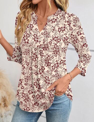Micoson 3/4 كم طويل بلوزات نسائية موضة رقبة على شكل V بلوزات أنيقة غير رسمية مطوي تونيك علوية فضفاضة تناسب قمصان العمل in Kuwait