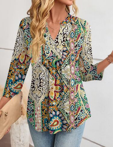Micoson 3/4 كم طويل بلوزات نسائية موضة رقبة على شكل V بلوزات أنيقة غير رسمية مطوي تونيك علوية فضفاضة تناسب قمصان العمل in Kuwait