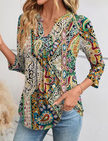 Micoson 3/4 كم طويل بلوزات نسائية موضة رقبة على شكل V بلوزات أنيقة غير رسمية مطوي تونيك علوية فضفاضة تناسب قمصان العمل in Kuwait
