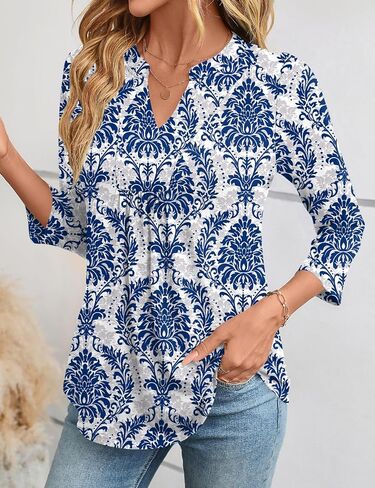 Micoson 3/4 كم طويل بلوزات نسائية موضة رقبة على شكل V بلوزات أنيقة غير رسمية مطوي تونيك علوية فضفاضة تناسب قمصان العمل in Kuwait