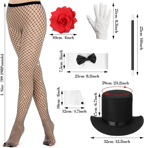 6 Pcs Halloween Magician Costume Accessories for Women Adult Include Glitter Fishnets Stockings Black Magician Top Hat Wand Gloves Bow Tie and Rose Flower Brooch for Halloween Cosplay Party in Saudi Arabia