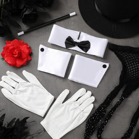 6 Pcs Halloween Magician Costume Accessories for Women Adult Include Glitter Fishnets Stockings Black Magician Top Hat Wand Gloves Bow Tie and Rose Flower Brooch for Halloween Cosplay Party in Saudi Arabia