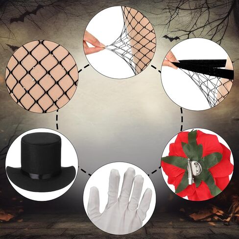 6 Pcs Halloween Magician Costume Accessories for Women Adult Include Glitter Fishnets Stockings Black Magician Top Hat Wand Gloves Bow Tie and Rose Flower Brooch for Halloween Cosplay Party in Saudi Arabia