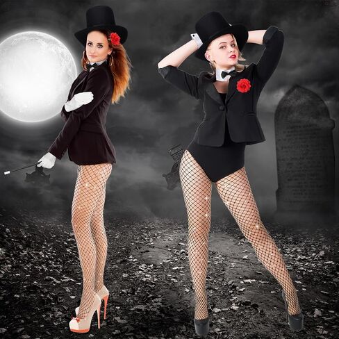 6 Pcs Halloween Magician Costume Accessories for Women Adult Include Glitter Fishnets Stockings Black Magician Top Hat Wand Gloves Bow Tie and Rose Flower Brooch for Halloween Cosplay Party in Saudi Arabia