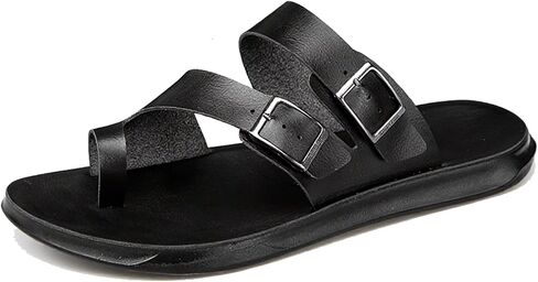 Men's Leather Slip On Flat Slide Sandals with Double Adjustable Buckle Comfort Arch Support Open Toe Soft Sole Flip Flops Summer Lightweight Anti-Slip Walking Beach Sandals in Saudi Arabia