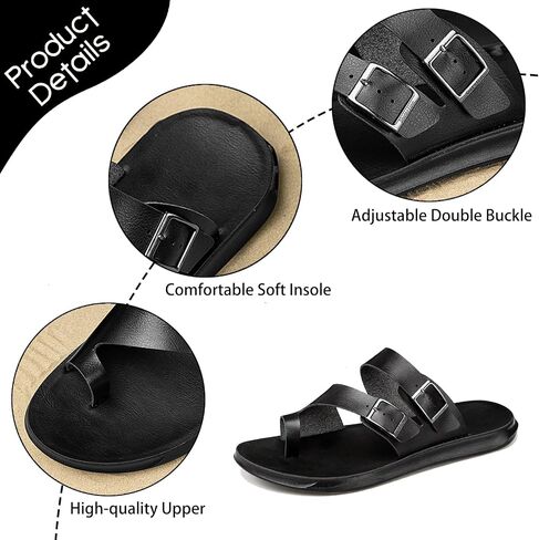 Men's Leather Slip On Flat Slide Sandals with Double Adjustable Buckle Comfort Arch Support Open Toe Soft Sole Flip Flops Summer Lightweight Anti-Slip Walking Beach Sandals in Saudi Arabia